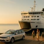 Familie med stasjonsvogn på vei om bord på SuperSpeed-fergen til Hirtshals i gyllen sommerkveld