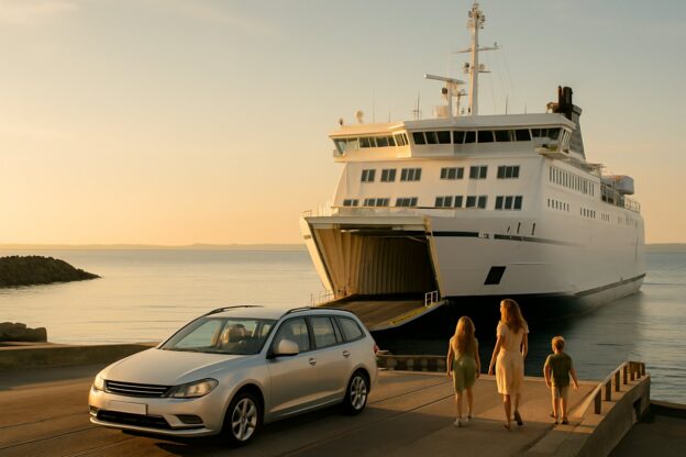 Familie med stasjonsvogn på vei om bord på SuperSpeed-fergen til Hirtshals i gyllen sommerkveld