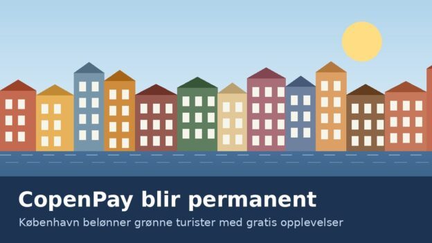 Illustrasjon av fargerike hus ved havnen i København med teksten CopenPay blir permanent