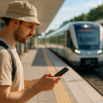 Reisende med smarttelefon på en moderne kollektivperrong i Danmark en sommerdag