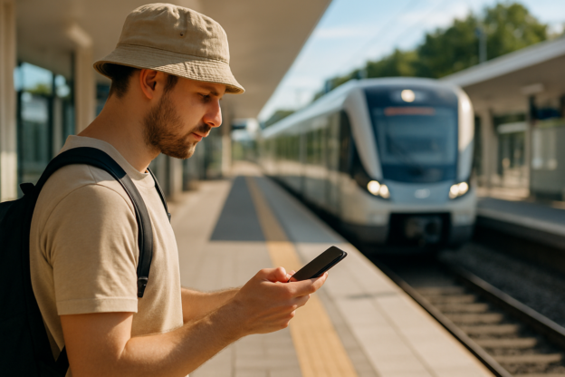 Reisende med smarttelefon på en moderne kollektivperrong i Danmark en sommerdag