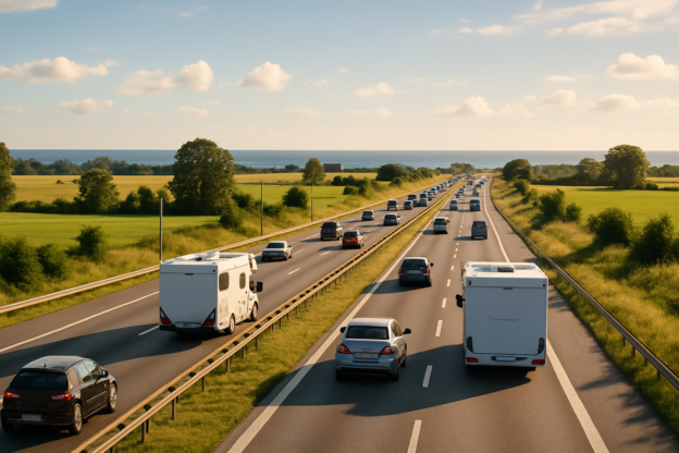 Biler og bobiler på dansk motorvei i sommerlys på vei mot kysten på bilferie
