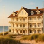 Klassisk dansk badehotell i lyst sommerlys ved kysten, illustrasjonsbilde