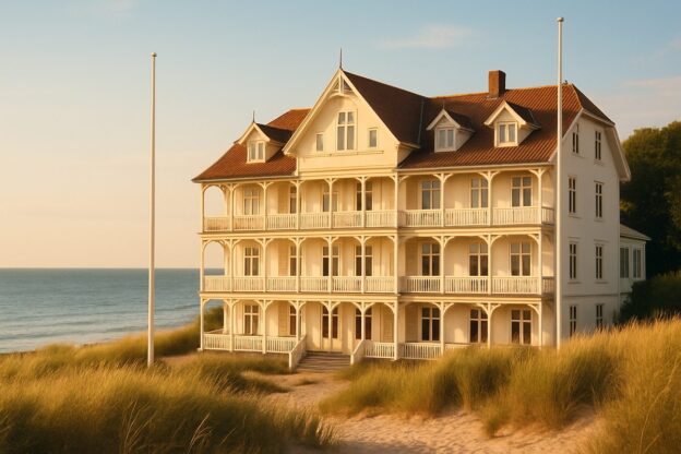 Klassisk dansk badehotell i lyst sommerlys ved kysten, illustrasjonsbilde
