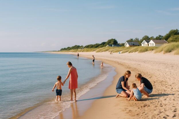 Solrik dansk strand med rolig sjo og badende barnefamilier en varm sommerdag