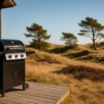 Tørt gress og lyng i dansk sommerlandskap med gassgrill på terrassen ved et feriehus