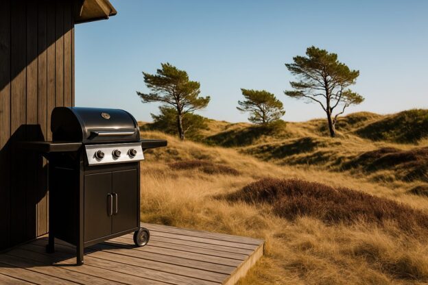 Tørt gress og lyng i dansk sommerlandskap med gassgrill på terrassen ved et feriehus