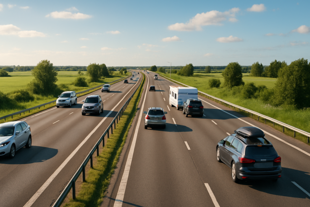 Sommertrafikk med biler på en dansk motorvei en solrik sommerdag