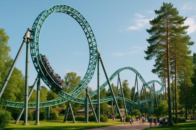 Grønn berg-og-dal-bane med loop i en sommergrønn fornøyelsespark, illustrasjon til Djurs Sommerlands nye attraksjon Midgårdsormen