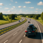 Moderne dansk motorvei i sommerlandskap – illustrasjon for bilferie til Danmark via ferge