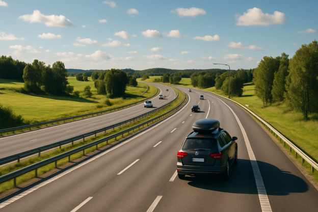 Moderne dansk motorvei i sommerlandskap – illustrasjon for bilferie til Danmark via ferge