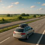 Familiebil med takboks kjører på dansk motorvei i sommersol – bilferie til Danmark