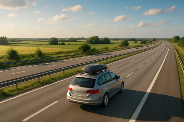 Familiebil med takboks kjører på dansk motorvei i sommersol – bilferie til Danmark
