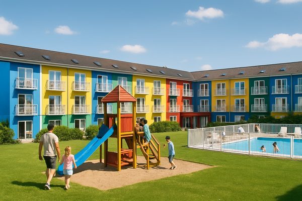 Barnevennlig familiehotell med lekeplass og basseng en sommerdag i Danmark
