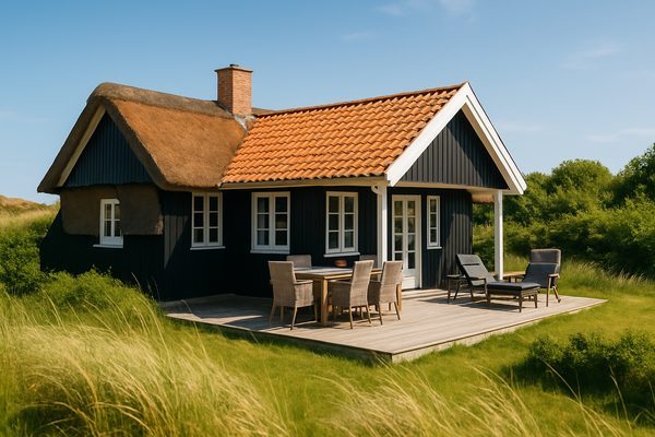 Klassisk dansk feriehus med hage naer kysten en sommerdag