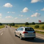 Bilferie i Danmark om sommeren med familiebil på åpen motorvei i skandinavisk sommerlys