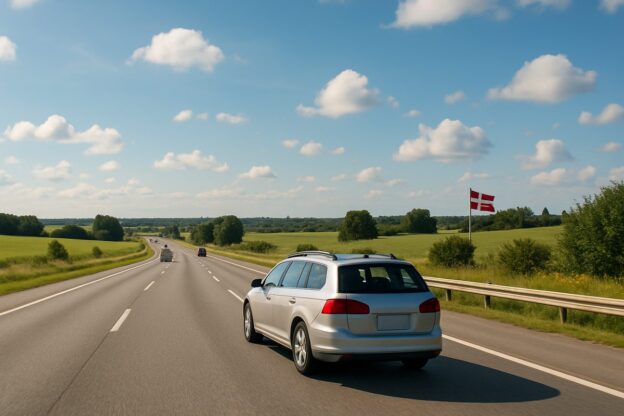 Bilferie i Danmark om sommeren med familiebil på åpen motorvei i skandinavisk sommerlys