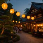 Japansk-inspirert område med lykter, tempelarkitektur og streetfood i en fornøyelsespark om kvelden