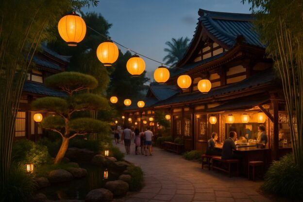 Japansk-inspirert område med lykter, tempelarkitektur og streetfood i en fornøyelsespark om kvelden