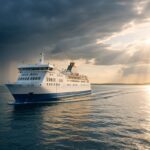 Passasjerferge til Danmark under et dramatisk sommervaerskifte med regnbyger og solstraler over roleg sjo