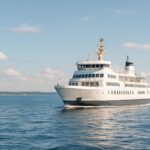 Moderne passasjerferge på rolig blå sjø i skandinavisk sommerlys på vei mot Danmark