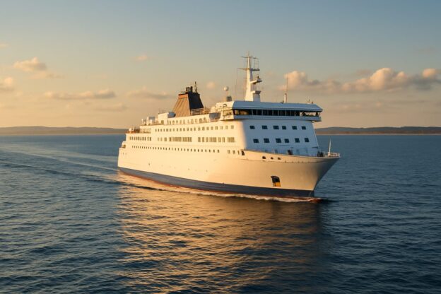Moderne passasjerferge på rolig blå sjø i skandinavisk sommerlys på vei mellom Norge og Danmark.
