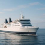 Moderne passasjerferge på rolig blå sjø i skandinavisk lys på vei mot Danmark