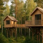 Tretopphytter i skogen ved en dansk fornoyelsespark i sommerlys, med plass til barnefamilier