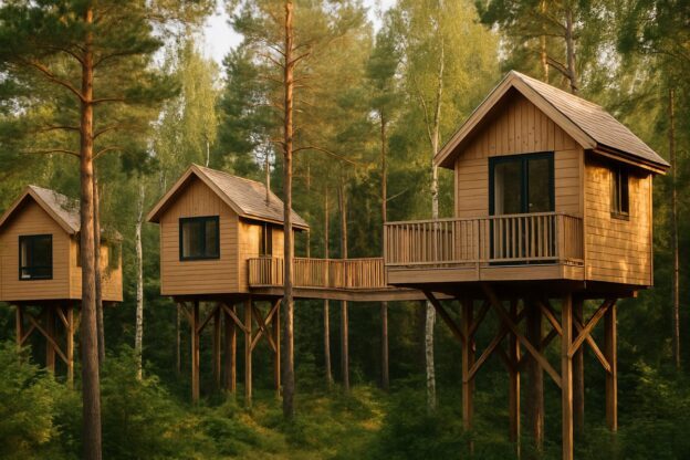 Tretopphytter i skogen ved en dansk fornoyelsespark i sommerlys, med plass til barnefamilier